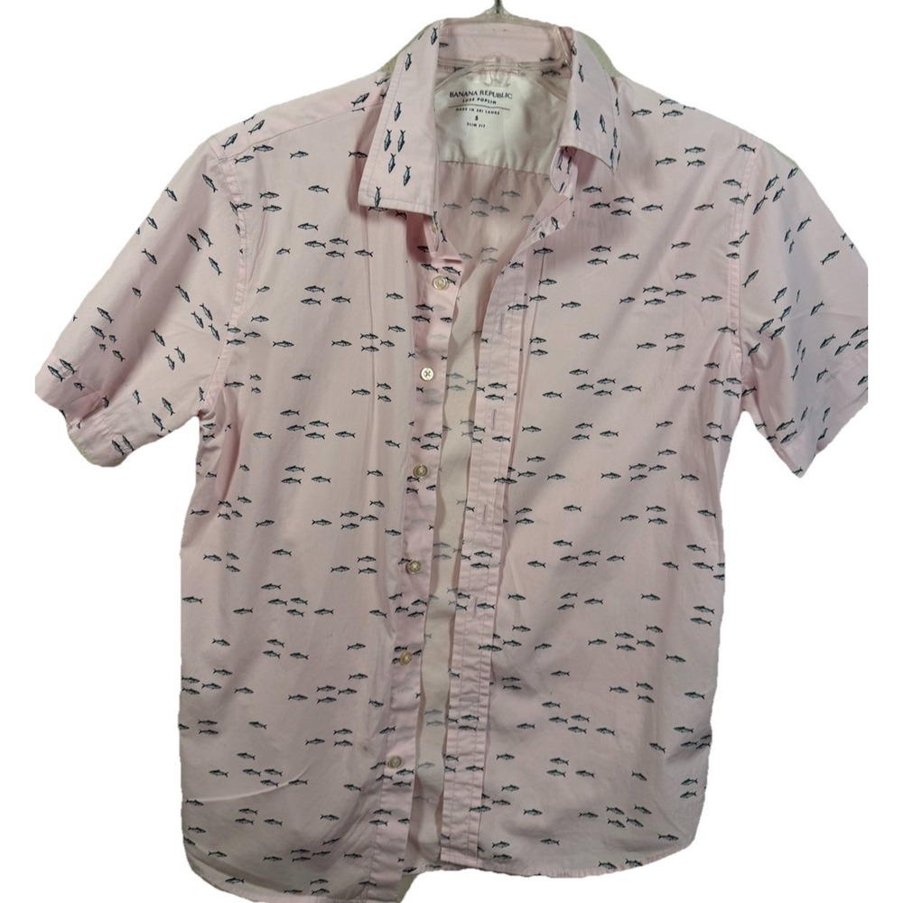 Banana Republic, Men's S, SS Shirt, Luxe Poplin, Slim Fit Pink Fish Print